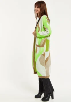 Women's Longline Cardigan in Brown, Green & White with Contrast Neckline & Pockets, Relaxed Fit, Liquorish
