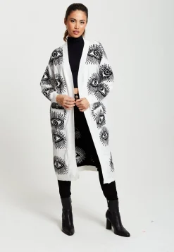 Women's Longline Cardigan with Eye Pattern, Open Front, White Color, Relaxed Fit - Liquorish