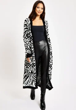 Women's Longline Cardigan in Black and White Zebra Pattern, Long Sleeves, Open Front Design - Liquorish