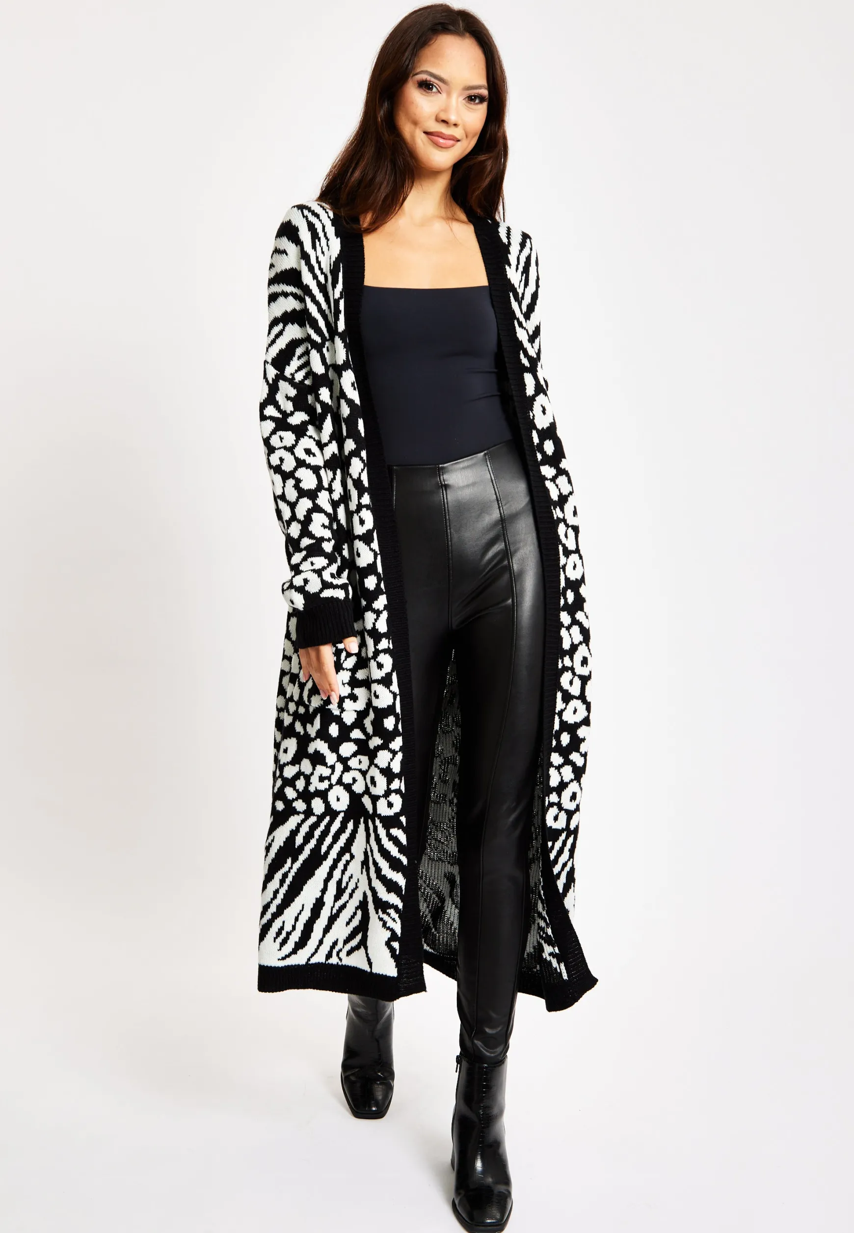 Women's Longline Cardigan in Black and White Zebra Pattern, Long Sleeves, Open Front Design - Liquorish