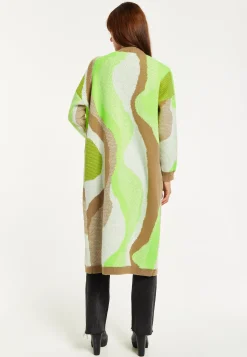 Women's Longline Cardigan in Brown, Green & White with Contrast Neckline & Pockets, Relaxed Fit, Liquorish