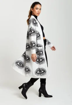 Women's Longline Cardigan with Eye Pattern, Open Front, White Color, Relaxed Fit - Liquorish