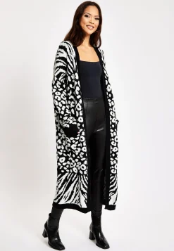 Women's Longline Cardigan in Black and White Zebra Pattern, Long Sleeves, Open Front Design - Liquorish