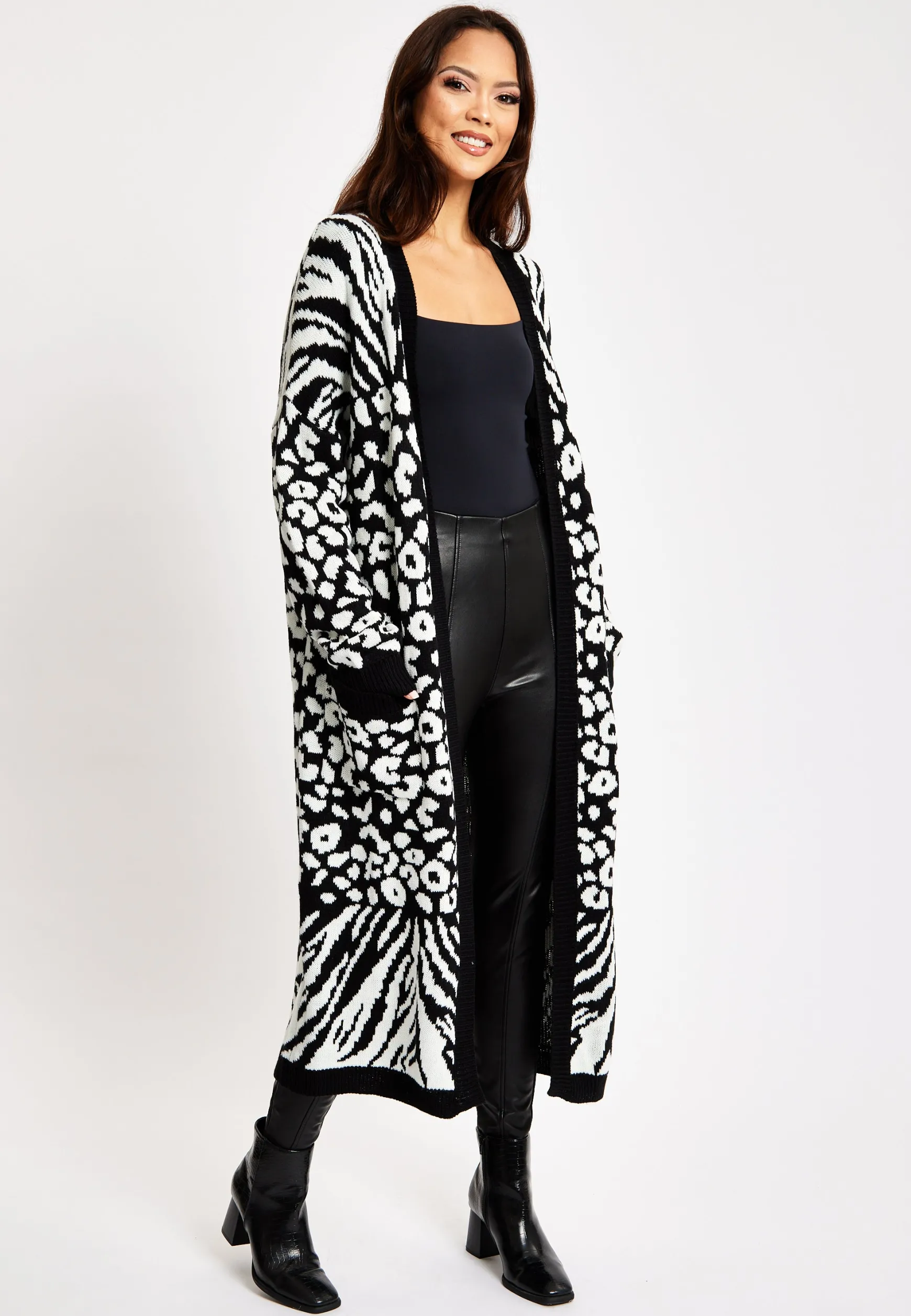 Women's Longline Cardigan in Black and White Zebra Pattern, Long Sleeves, Open Front Design - Liquorish