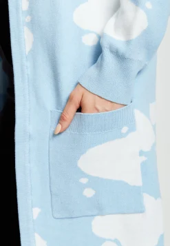 Women's Longline Cardigan in Light Blue with Cloud Pattern and Open Front Design - Liquorish
