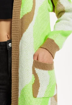 Women's Longline Cardigan in Brown, Green & White with Contrast Neckline & Pockets, Relaxed Fit, Liquorish