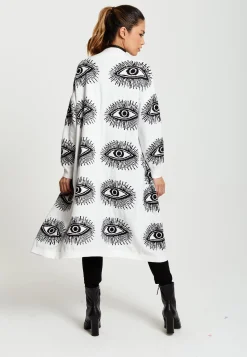 Women's Longline Cardigan with Eye Pattern, Open Front, White Color, Relaxed Fit - Liquorish