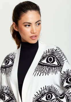 Women's Longline Cardigan with Eye Pattern, Open Front, White Color, Relaxed Fit - Liquorish