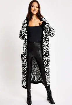 Women's Longline Cardigan in Black and White Zebra Pattern, Long Sleeves, Open Front Design - Liquorish