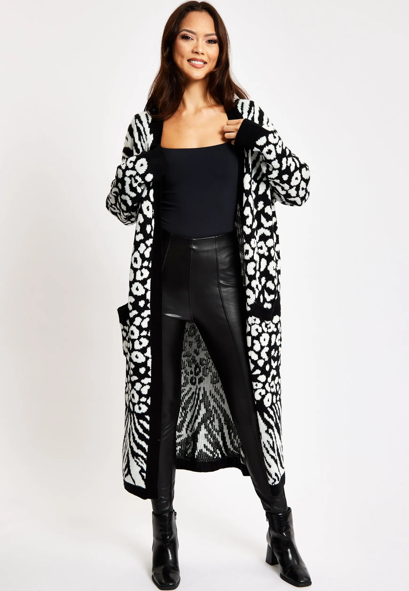 Women's Longline Cardigan in Black and White Zebra Pattern, Long Sleeves, Open Front Design - Liquorish