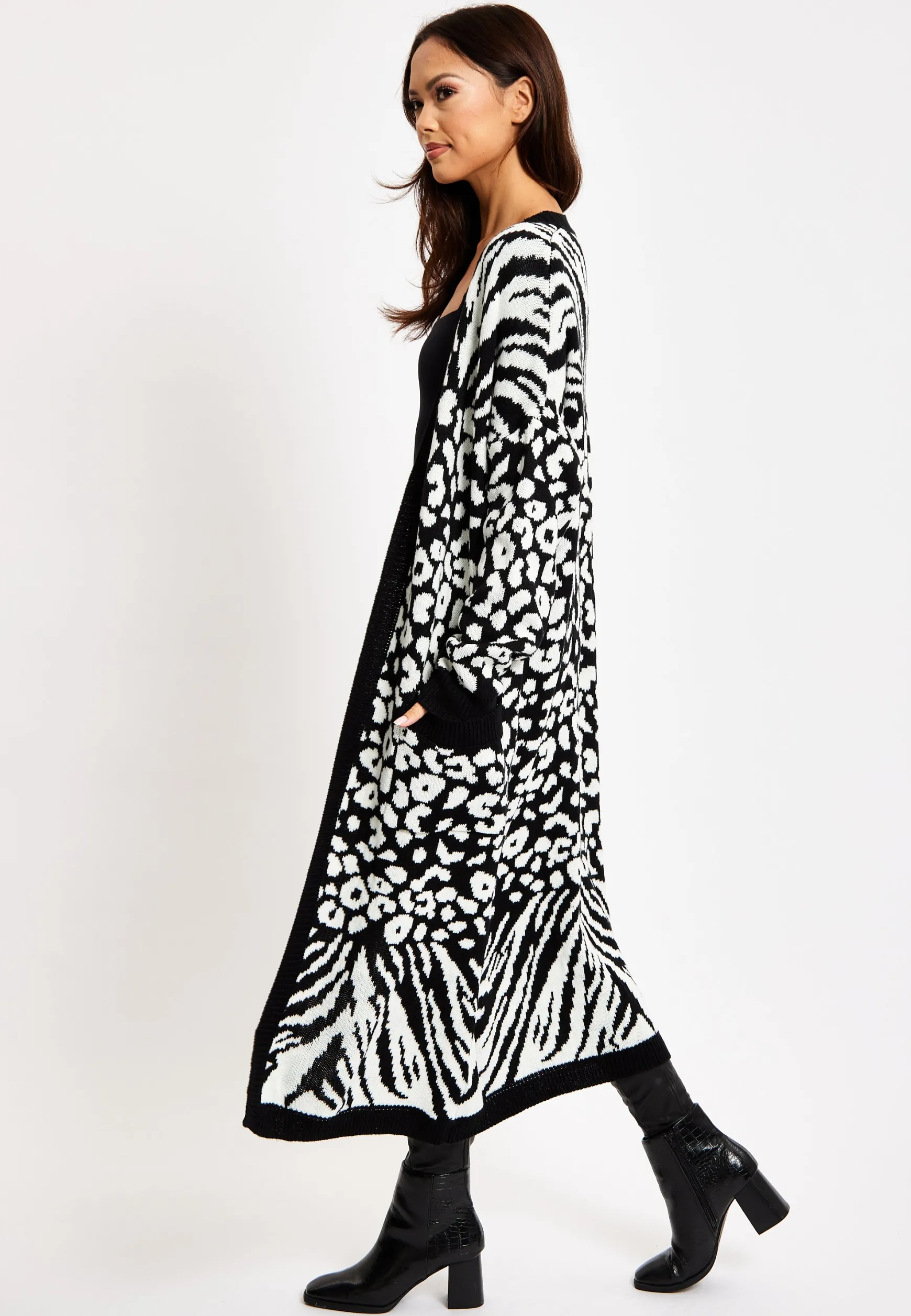 Women's Longline Cardigan in Black and White Zebra Pattern, Long Sleeves, Open Front Design - Liquorish