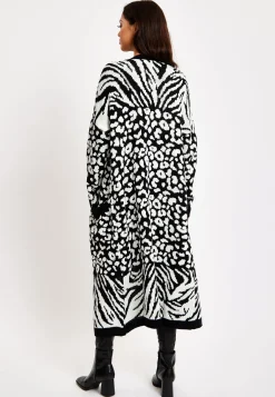 Women's Longline Cardigan in Black and White Zebra Pattern, Long Sleeves, Open Front Design - Liquorish