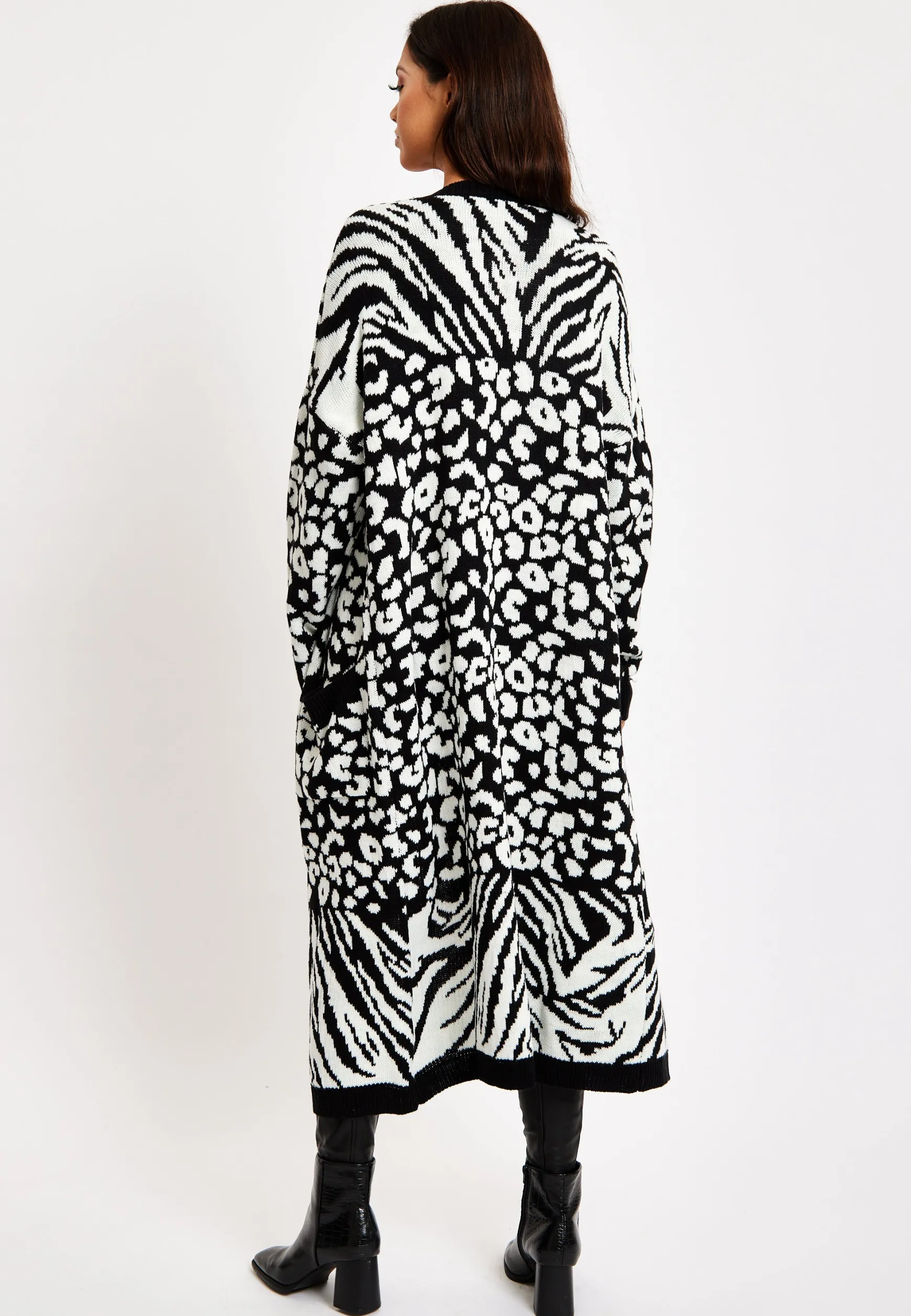 Women's Longline Cardigan in Black and White Zebra Pattern, Long Sleeves, Open Front Design - Liquorish