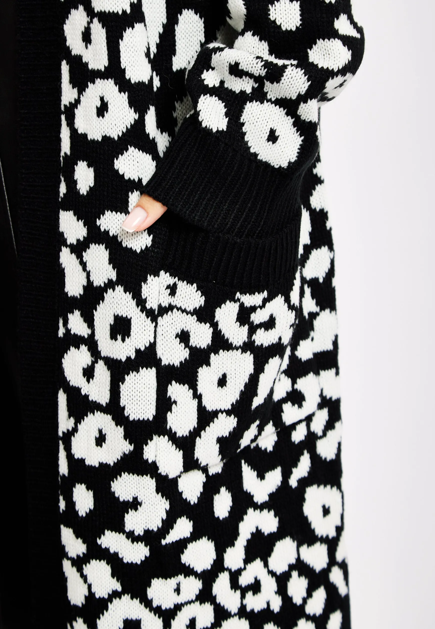 Women's Longline Cardigan in Black and White Zebra Pattern, Long Sleeves, Open Front Design - Liquorish
