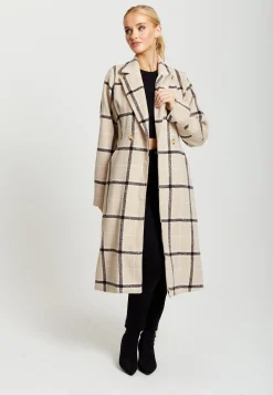 Women's Longline Check Coat with Notch Collar, Front Buttons, and Side Pockets - Liquorish