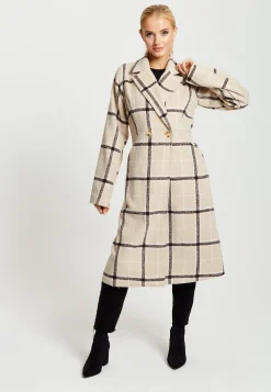 Women's Longline Check Coat with Notch Collar, Front Buttons, and Side Pockets - Liquorish