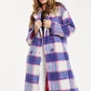 Women's Longline Coat in Pink and Navy Check with Notch Collar and Side Pockets, Relaxed Fit by Liquorish