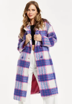 Women's Longline Coat in Pink and Navy Check with Notch Collar and Side Pockets, Relaxed Fit by Liquorish