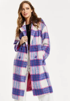 Women's Longline Coat in Pink and Navy Check with Notch Collar and Side Pockets, Relaxed Fit by Liquorish