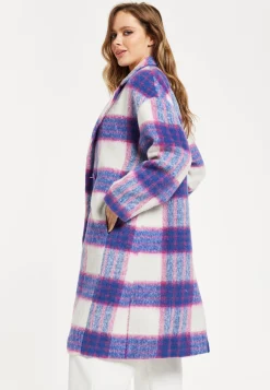 Women's Longline Coat in Pink and Navy Check with Notch Collar and Side Pockets, Relaxed Fit by Liquorish