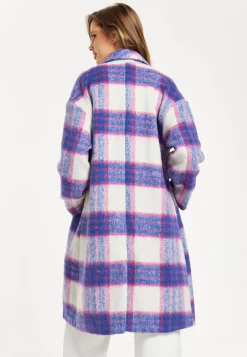 Women's Longline Coat in Pink and Navy Check with Notch Collar and Side Pockets, Relaxed Fit by Liquorish