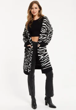 Women's Longline Oversized Cardigan in Black and White Animal Print - Unique Contrast Design by Liquorish