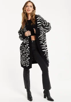 Women's Longline Oversized Cardigan in Black and White Animal Print - Unique Contrast Design by Liquorish