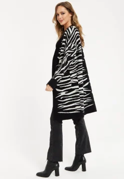 Women's Longline Oversized Cardigan in Black and White Animal Print - Unique Contrast Design by Liquorish
