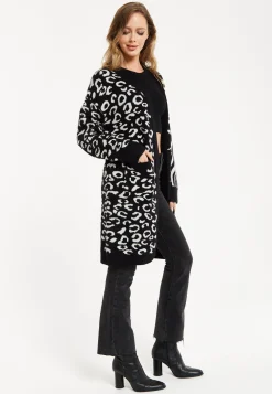Women's Longline Oversized Cardigan in Black and White Animal Print - Unique Contrast Design by Liquorish