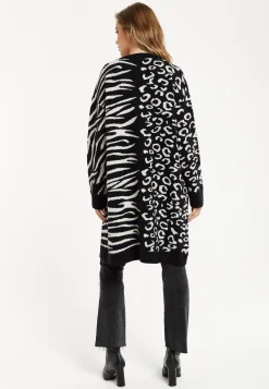 Women's Longline Oversized Cardigan in Black and White Animal Print - Unique Contrast Design by Liquorish