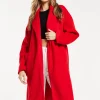 Women's Longline Red Coat with Notch Collar, Tie Waist, and Side Pockets - Relaxed Fit by Liquorish