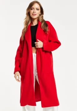 Women's Longline Red Coat with Notch Collar, Tie Waist, and Side Pockets - Relaxed Fit by Liquorish