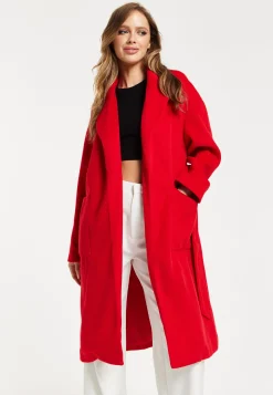 Women's Longline Red Coat with Notch Collar, Tie Waist, and Side Pockets - Relaxed Fit by Liquorish