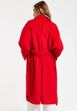 Women's Longline Red Coat with Notch Collar, Tie Waist, and Side Pockets - Relaxed Fit by Liquorish