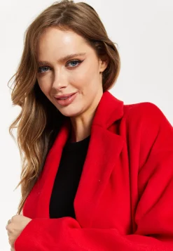 Women's Longline Red Coat with Notch Collar, Tie Waist, and Side Pockets - Relaxed Fit by Liquorish