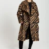 Women's Longline Zebra Print Coat in Brown & Black with Tie Waist and Side Pockets - Liquorish