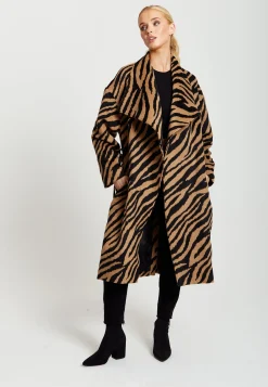 Women's Longline Zebra Print Coat in Brown & Black with Tie Waist and Side Pockets - Liquorish