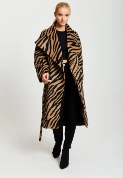 Women's Longline Zebra Print Coat in Brown & Black with Tie Waist and Side Pockets - Liquorish