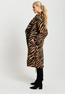 Women's Longline Zebra Print Coat in Brown & Black with Tie Waist and Side Pockets - Liquorish