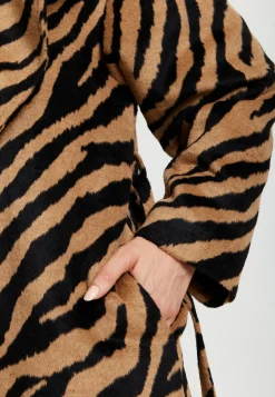Women's Longline Zebra Print Coat in Brown & Black with Tie Waist and Side Pockets - Liquorish