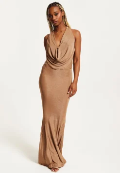 Women's Maxi Dress - Gold Full Lurex Jersey, Bodycon Fit, Halter Neck, Sleeveless, by Liquorish
