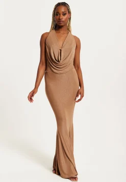 Women's Maxi Dress - Gold Full Lurex Jersey, Bodycon Fit, Halter Neck, Sleeveless, by Liquorish