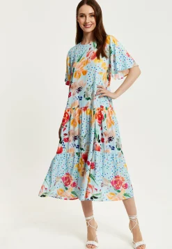Women's Maxi Dress - Relaxed Fit Blue Floral Print Midi Smock Dress with Short Sleeves - Perfect Summer Style by Liquorish