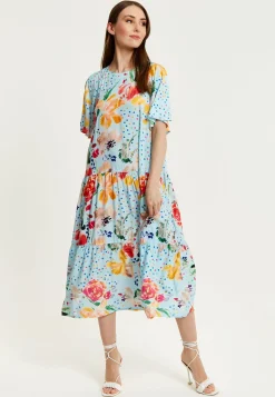 Women's Maxi Dress - Relaxed Fit Blue Floral Print Midi Smock Dress with Short Sleeves - Perfect Summer Style by Liquorish