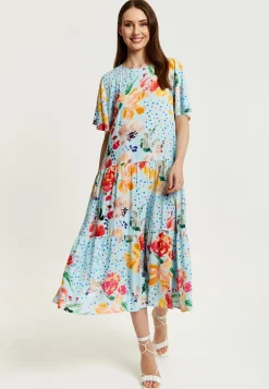 Women's Maxi Dress - Relaxed Fit Blue Floral Print Midi Smock Dress with Short Sleeves - Perfect Summer Style by Liquorish