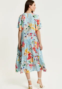 Women's Maxi Dress - Relaxed Fit Blue Floral Print Midi Smock Dress with Short Sleeves - Perfect Summer Style by Liquorish