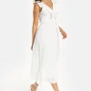 Women's Maxi Dress - White Frilled V Neck Sleeveless Pleated Design with Adjustable Tie Waist - Liquorish