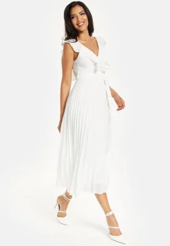 Women's Maxi Dress - White Frilled V Neck Sleeveless Pleated Design with Adjustable Tie Waist - Liquorish