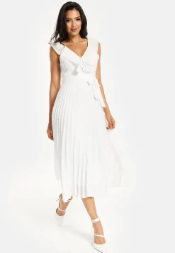 Women's Maxi Dress - White Frilled V Neck Sleeveless Pleated Design with Adjustable Tie Waist - Liquorish