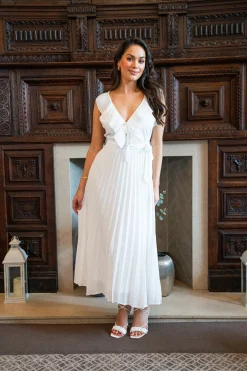 Women's Maxi Dress - White Frilled V Neck Sleeveless Pleated Design with Adjustable Tie Waist - Liquorish